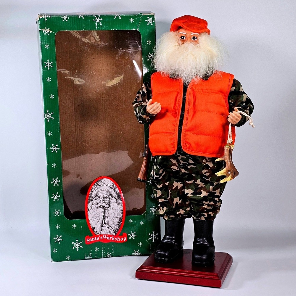 Vintage Santas Workshop Hunting Santa Claus Figure Camo Orange Vest 17.5" In Box